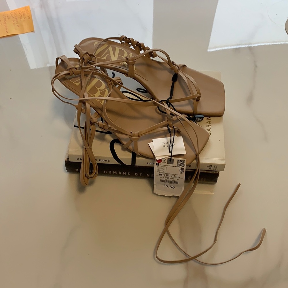 Zara strappy leather sandals in beige sz 38